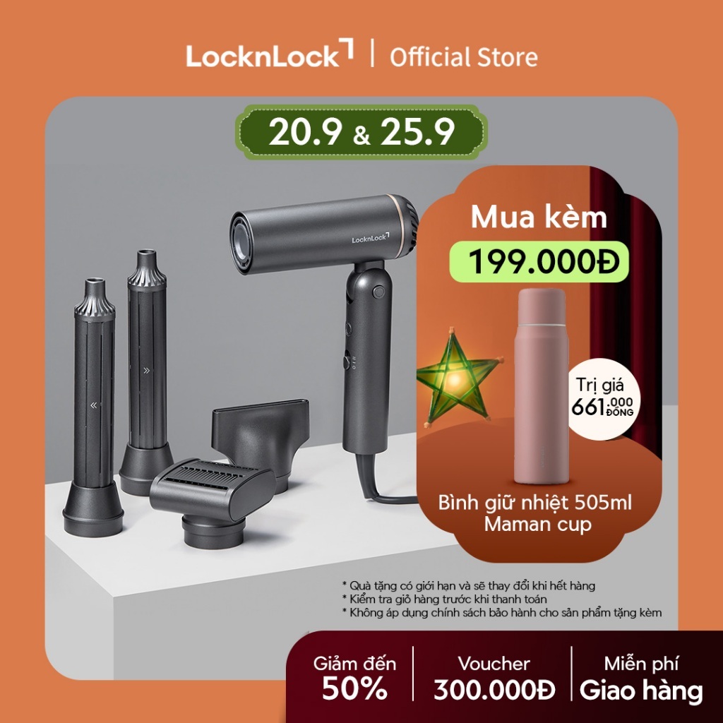 Máy sấy tạo kiểu tóc gấp gọn LocknLock Foldable hair styling dryer ENA626GRY Màu xám, công suất 1300W công nghệ ion âm