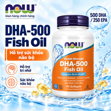 Dầu cá NOW DHA-500 Fish Oil Double Strength Omega-3 của Mỹ, bổ sung 500mg DHA hỗ trợ não bộ, tim mạch