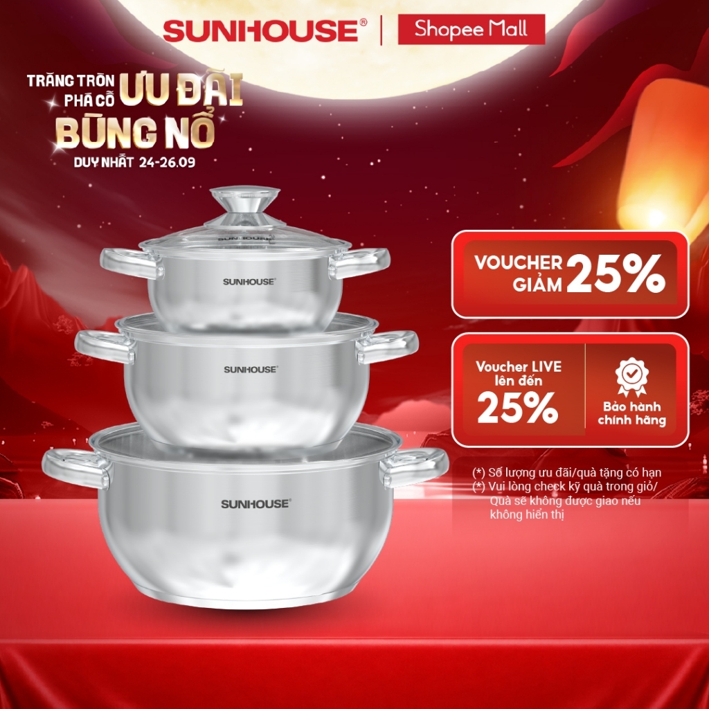 Bộ nồi inox 3 đáy Sunhouse Eco SHG334E - Gồm 3 nồi 16-20-24cm - Inox an toàn, chất lượng - Dùng cho mọi loại bếp