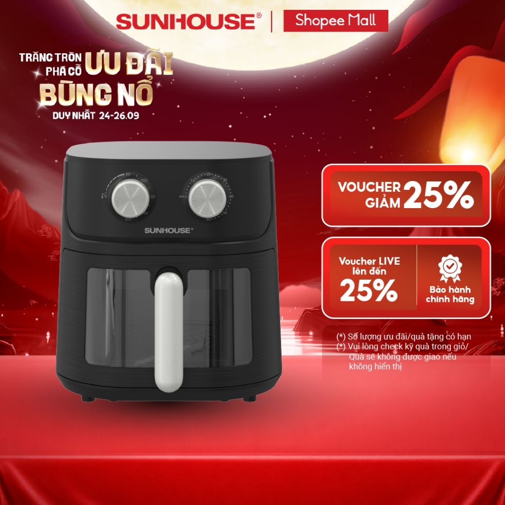 [Độc quyền] Nồi chiên không dầu 6.5L SUNHOUSE SHD4032 - Công nghệ Rapid Air giảm tới 80% dầu - Khoang chiên trong suốt
