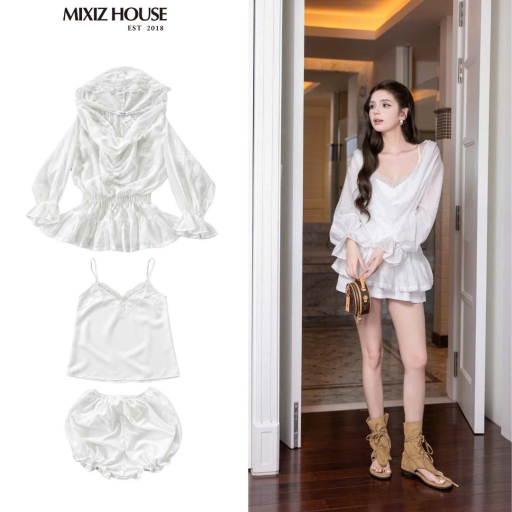 Set Áo Choàng Phối Ren Kèm Váy Hai Dây Mixiz House S25 - Đồ Bộ Nữ Sang Chảnh Dạo Phố, Đi Tiệc