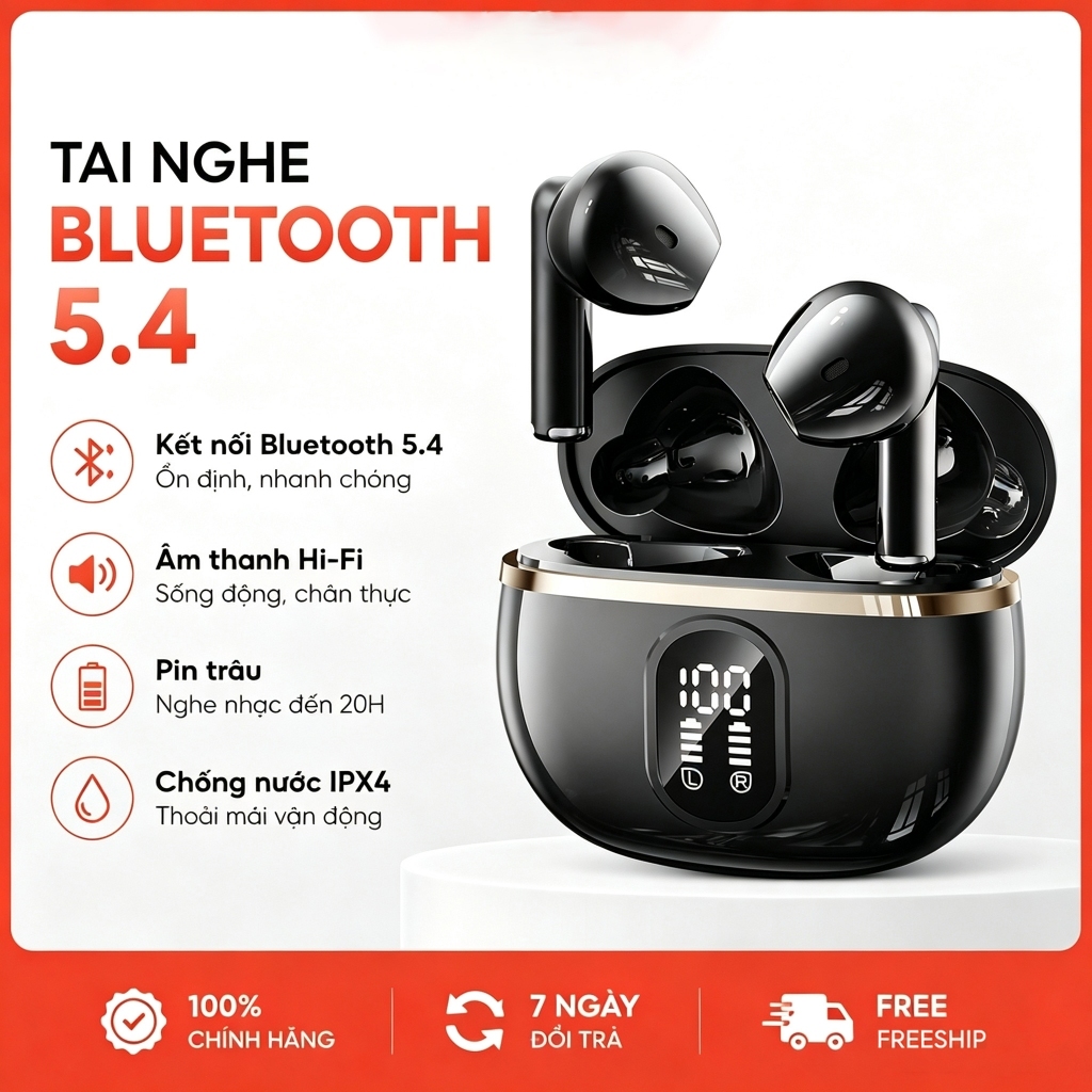 Tai Nghe Bluetooth Không Dây Màn Hình LED Điều Khiển Cảm Ứng Âm Thanh Vòm Sống Động 12 Giờ - Đen, Trắng, Tông Da