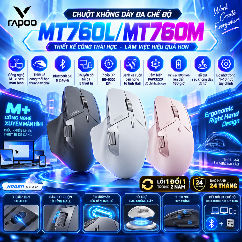 Chuột Không Dây Rapoo MT760/MT560 |  2.4G và Bluetooth 5.0 | Kết nối 5 thiết bị | Bảo hành 2 năm