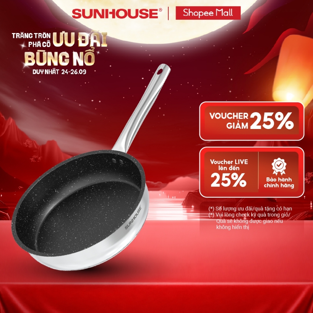 Chảo Inox Impact SUNHOUSE ECO IN20-24-26M5 - Đáy từ công nghệ mới Impact Bonding - Dùng được trên mọi loại bếp