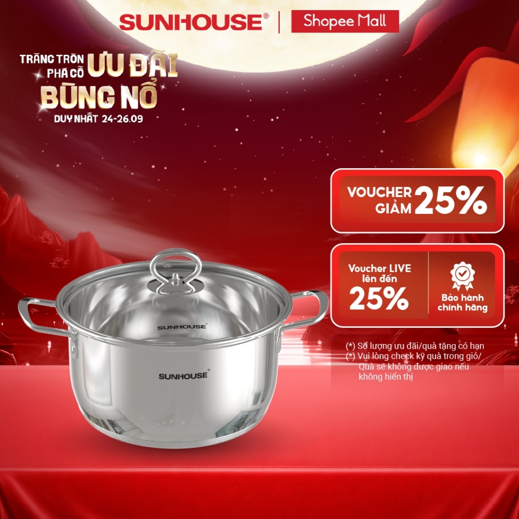 Nồi Inox 5 đáy Sunhouse SHG788- 16/20/24 cm - Công nghệ Impact Bonding - Hiệu suất bắt từ 100% - Dùng mọi loại bếp