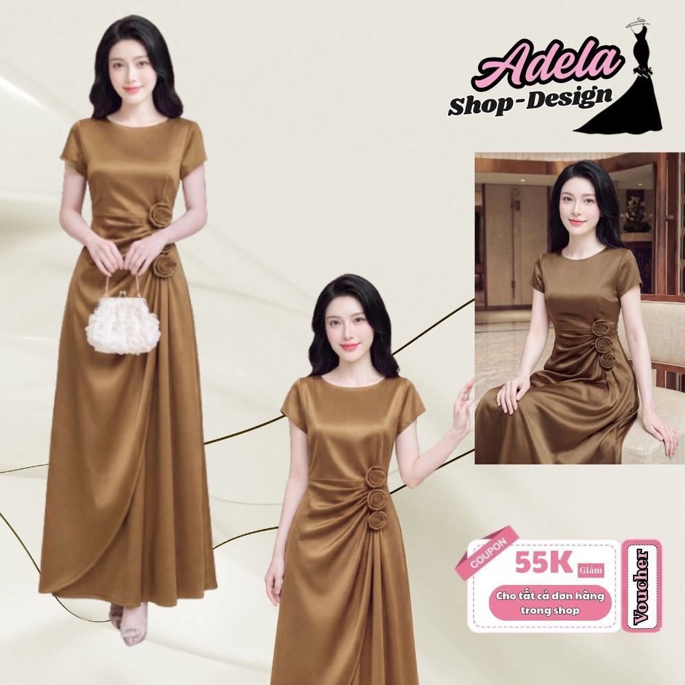 Váy Dự Tiệc Thiết Kế ADELA DESIGN Lụa Twist Satin Cao Cấp Nâu Ấm Dáng Dài Hoa Thủ Công Chiết Eo MDU6632
