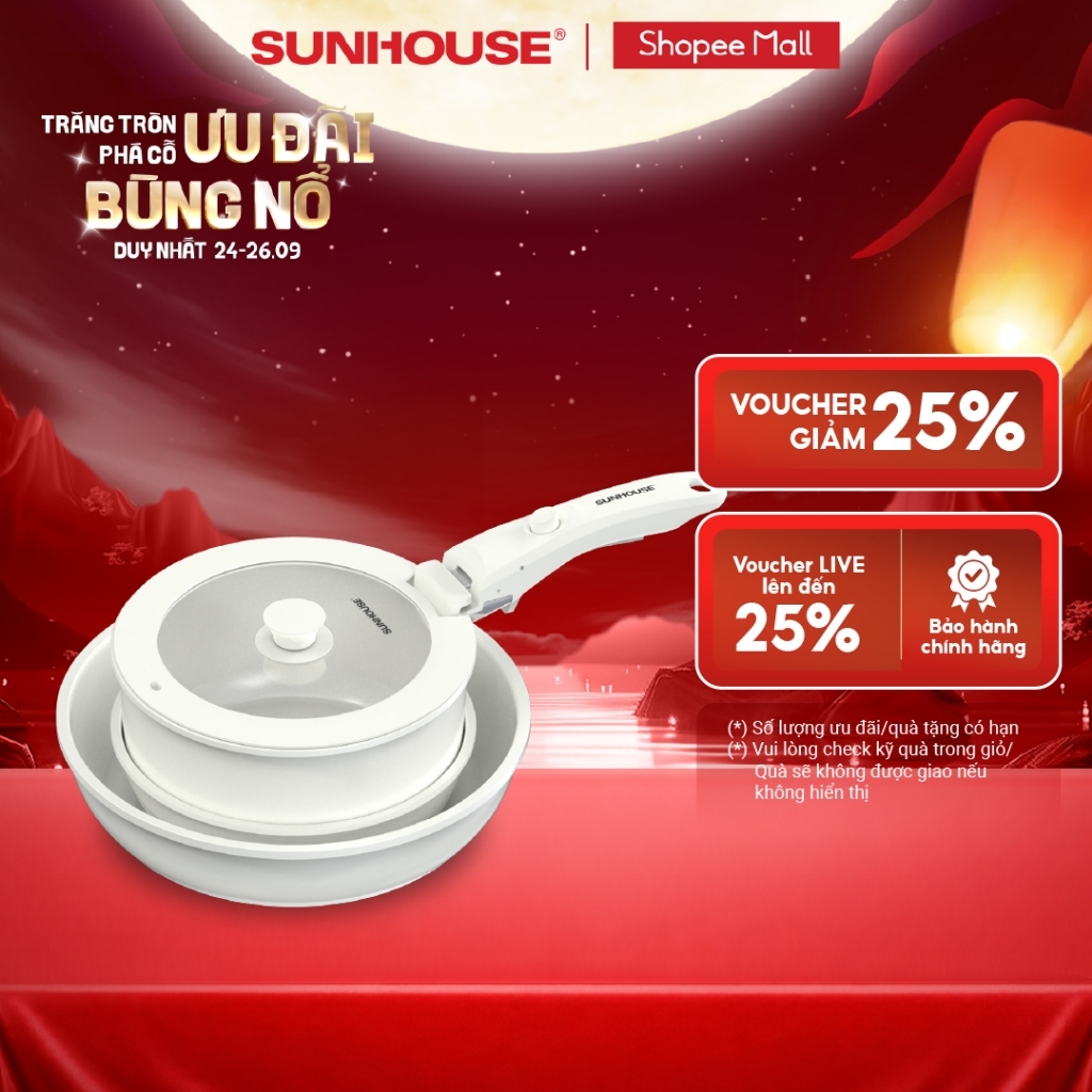 [Độc Quyền] Bộ nồi chảo cán rời chống dính 3 món Sunhouse Trendy SHG509M - Chống dính Ceramic -Dùng mọi loại bếp