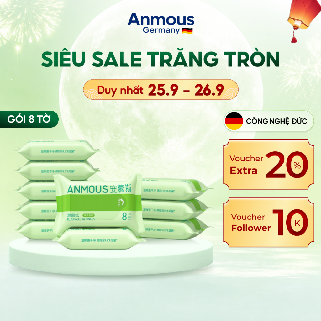 [Combo 5 gói] Khăn giấy ướt tự tan Anmous 8 tờ kháng khuẩn, an toàn cho vùng kín và da nhạy cảm