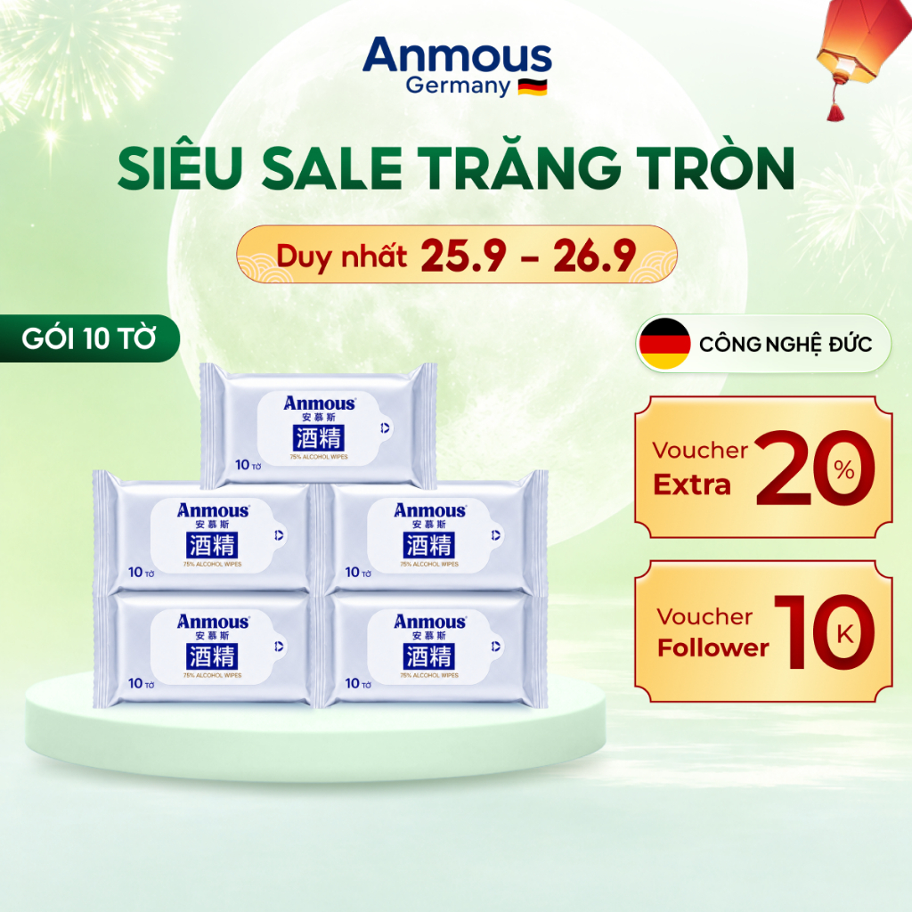 [Combo 5 gói] Khăn ướt cồn 75% Anmous 10 tờ công nghệ chuẩn Đức giúp làm sạch nhanh, kháng khuẩn