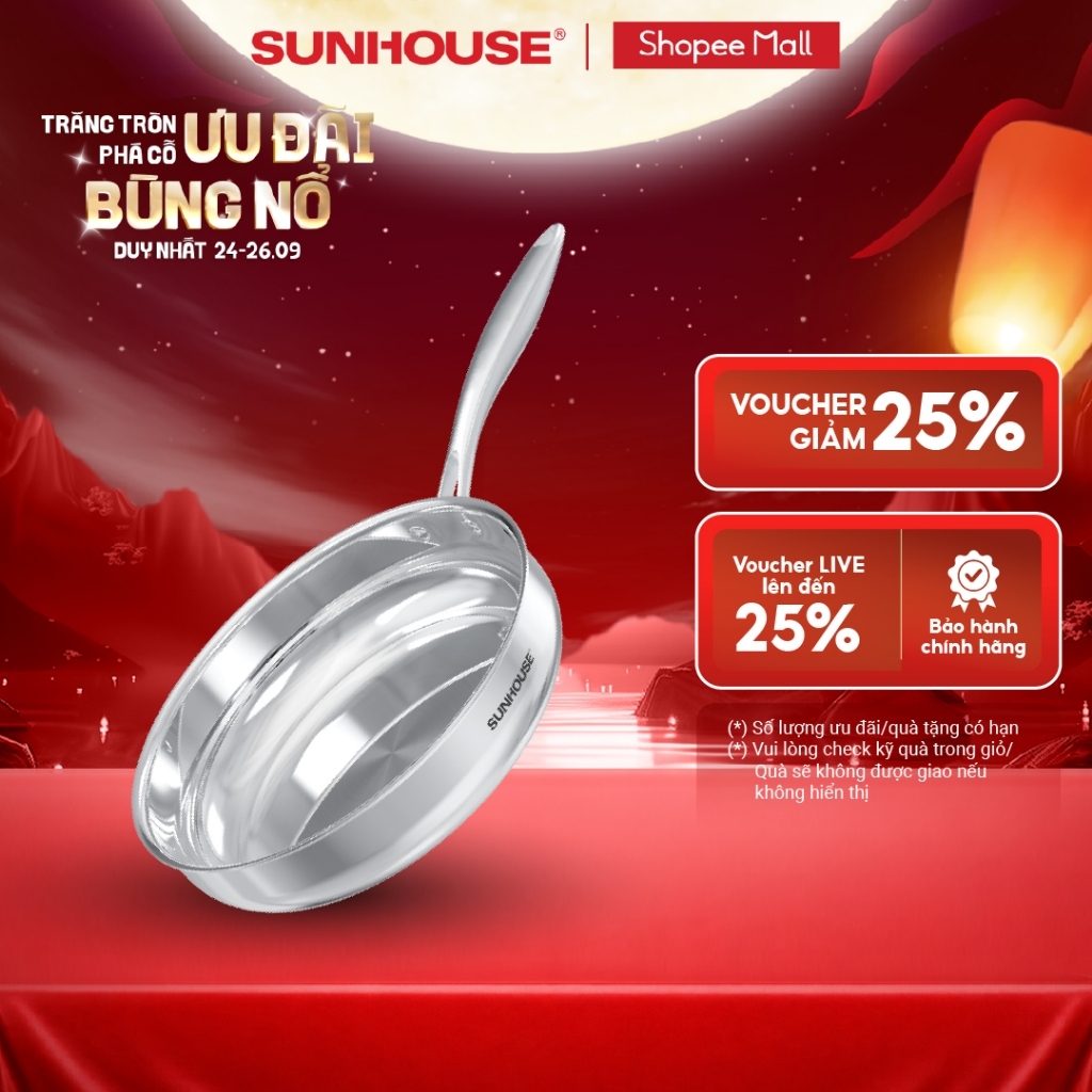 Chảo inox 304 đa lớp cao cấp SUNHOUSE INxxM15 - 3 lớp liền khối - Bắt từ nhạy bén - Phù hợp mọi loại bếp