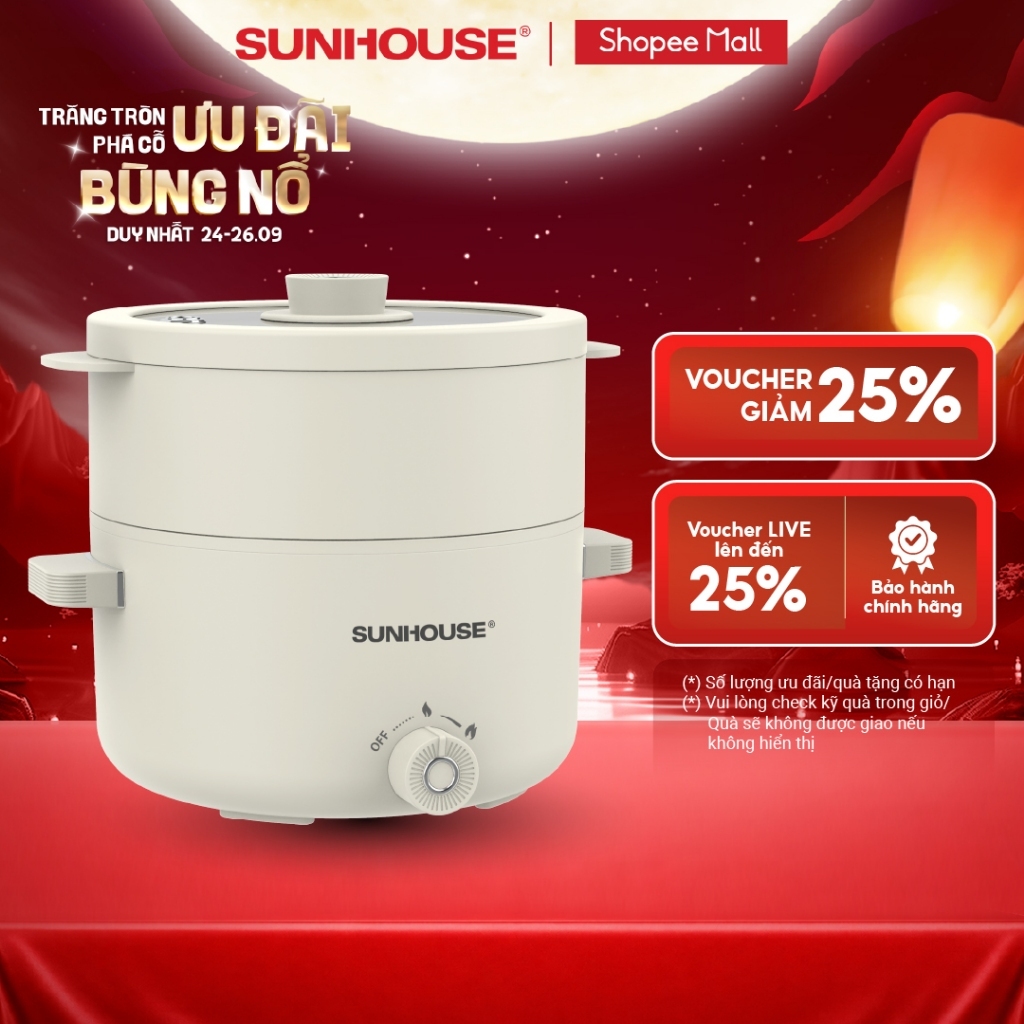 Nồi điện mini đa năng 2.0L Sunhouse SHD4517 - Đa năng 4in1 - Lòng nồi chống dính Ceramic - Gia nhiệt trực tiếp