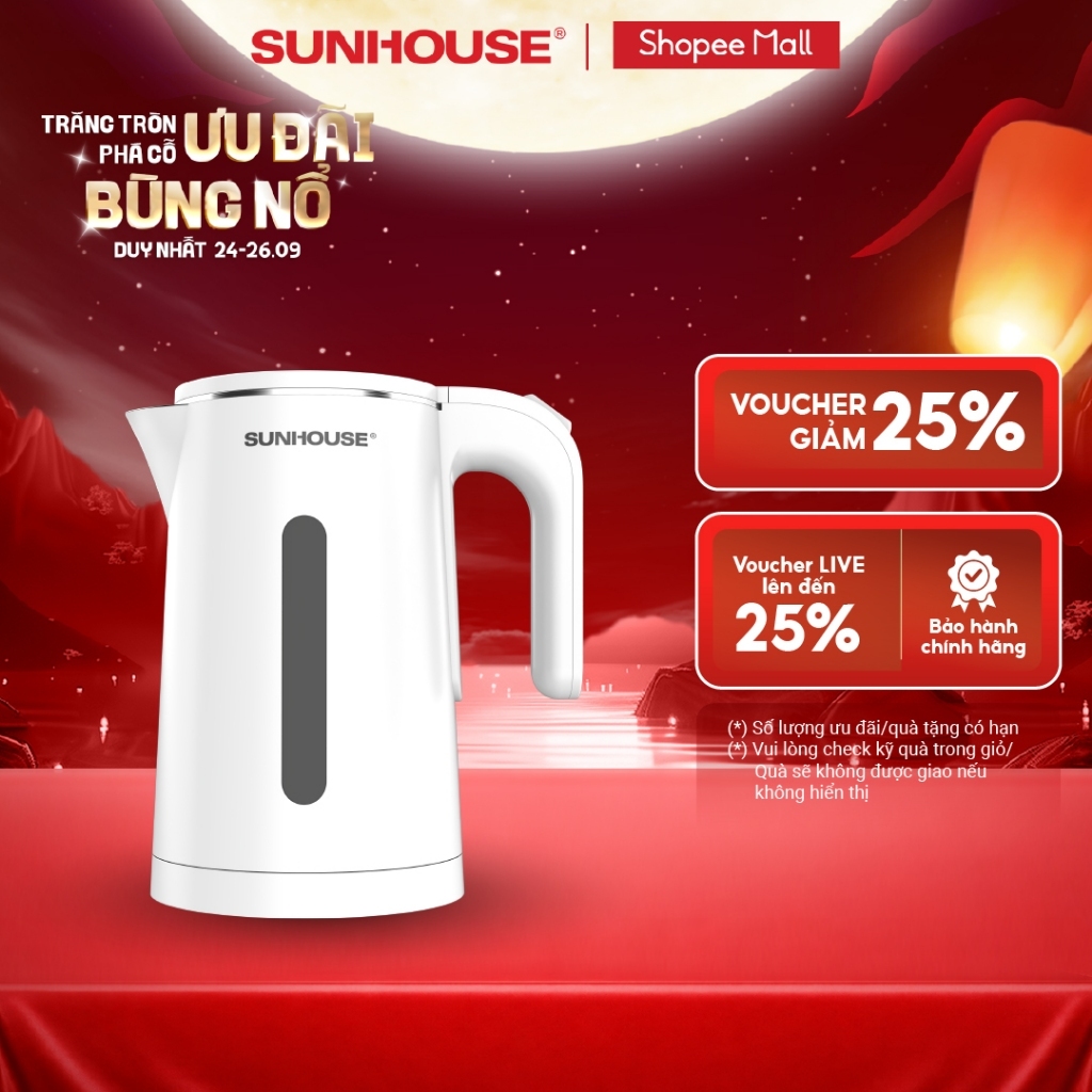 Ấm siêu tốc Inox 304 1.8L SUNHOUSE SHD1351/ SHD1351W - Thân ấm 2 lớp - Vỏ nhựa PP chống bỏng - Tự động tắt khi nước sôi