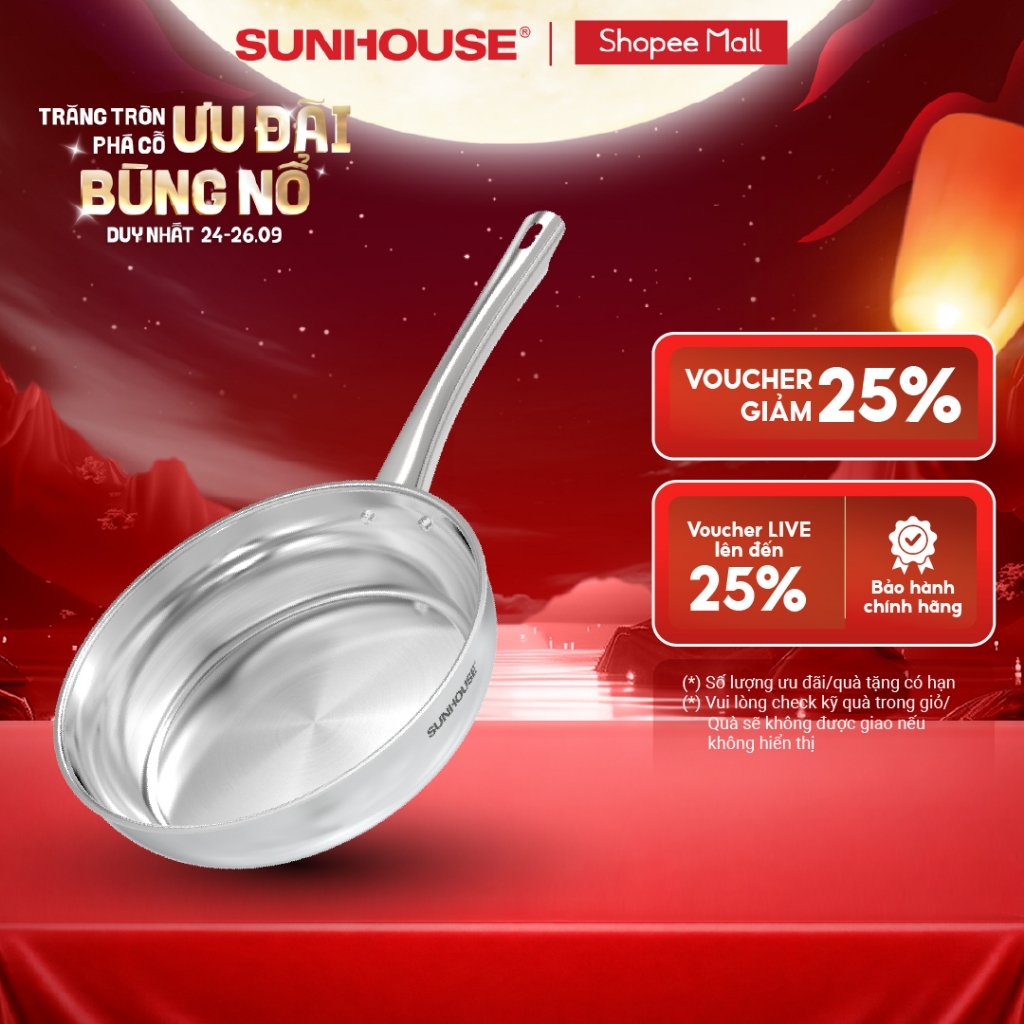 [Mã độc quyền online] Chảo inox 304 đa lớp Sunhouse IN20-24-26M7E - 3 lớp inox liền khối - Dùng mọi loại bếp