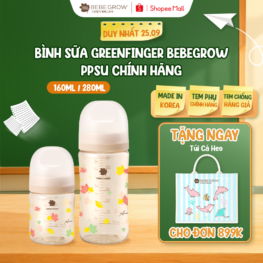 Bình sữa cho bé Greenfinger Bebegrow chất liệu nhựa PPSU an toàn, chịu nhiệt tốt 160ml/280ml Green Finger