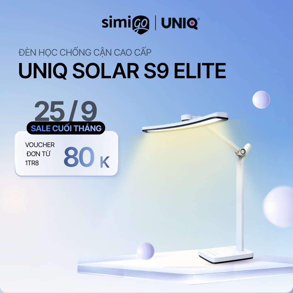 Đèn học để bàn chống cận thị cao cấp UNIQ Solar S9 Elite đèn led bàn làm việc đọc sách cho bé tích hợp đồng hồ podomoro