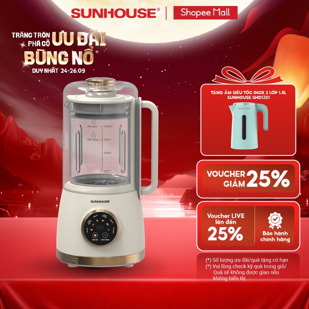 Máy làm sữa hạt đa năng Sunhouse SHD5262 - Tích hợp lồng chống ồn - 6 chức năng - Tự động làm sạch - Hẹn giờ tới 12h