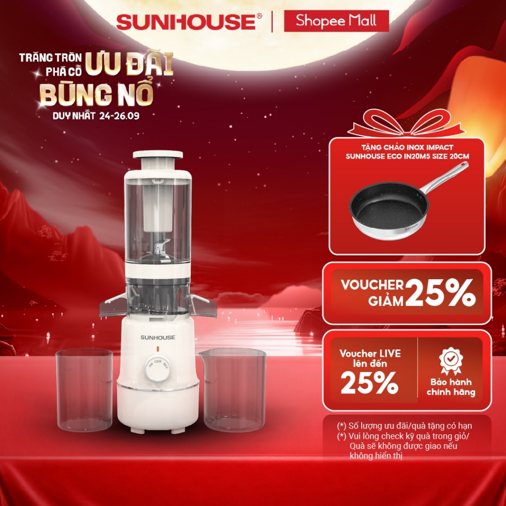 Máy ép chậm Sunhouse SHD5515 - Dung tích 600ml - Làm được kem, lưỡi cắt vượt trội - Ống tiếp nguyên liệu lớn 108mm