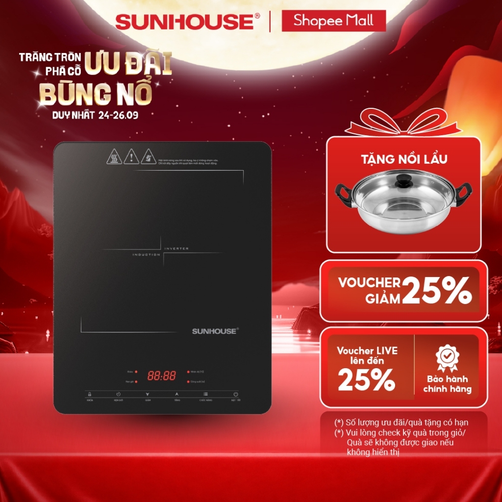 [Hot Deal] Bếp từ đơn cảm ứng Sunhouse SHD6807 - Mặt kính Crystal (Kanger) chịu nhiệt đến 800°C - Công suất 2000W