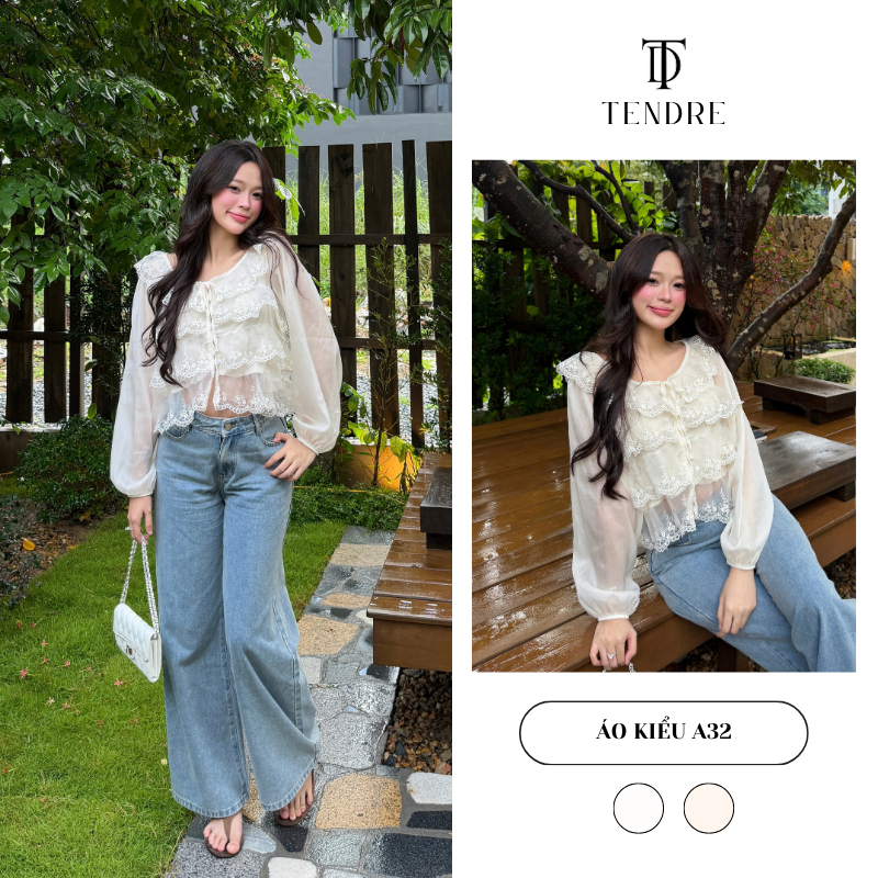 TENDRE - Áo Voan Nữ Tay Dài Phối Ren Bèo Nhún Tầng,Áo Kiểu Cổ Tròn Buộc Nơ Phong Cách Hàn Quốc Thanh Lịch Dễ Phối Đồ A32