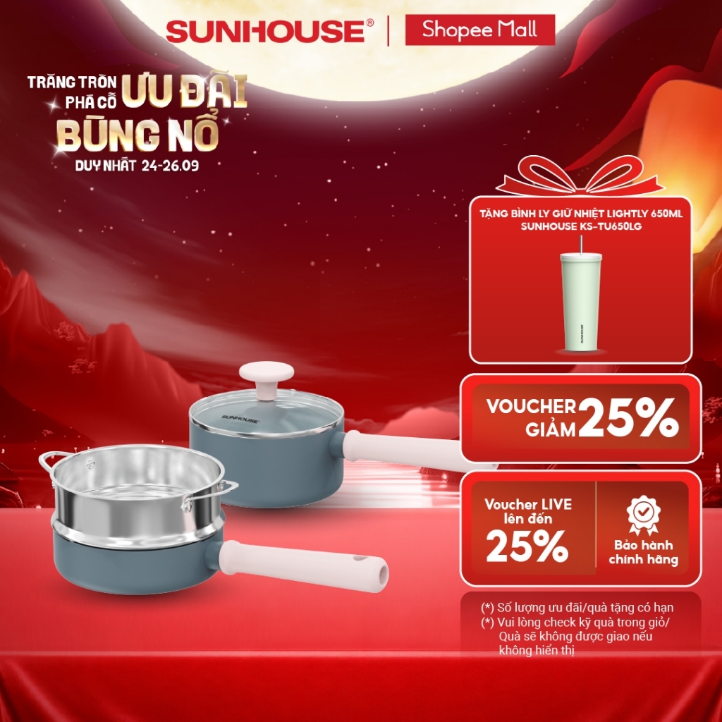 [Kèm xửng] Bộ chảo quánh Ceramic đáy từ Sunhouse Healthy SHG1616 - Truyền nhiệt nhạy - Linh hoạt trên mọi loại bếp