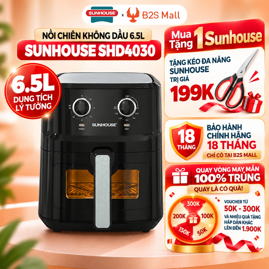 [MUA 1 TẶNG 1] Nồi chiên không dầu Sunhouse 6.5 lít SHD4030