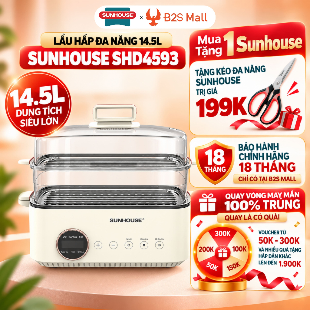 [MUA 1 TẶNG 1] Nồi Lẩu Hấp Đa Năng Sunhouse SHD4593 14.5L 2 Tầng Hấp Lòng Inox Phủ Ceramic