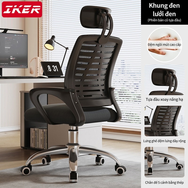 Ghế xoay văn phòng 360 độ cao cấp có gối, nệm mềm, tựa lưng lưới thông thoáng sạch sẽ