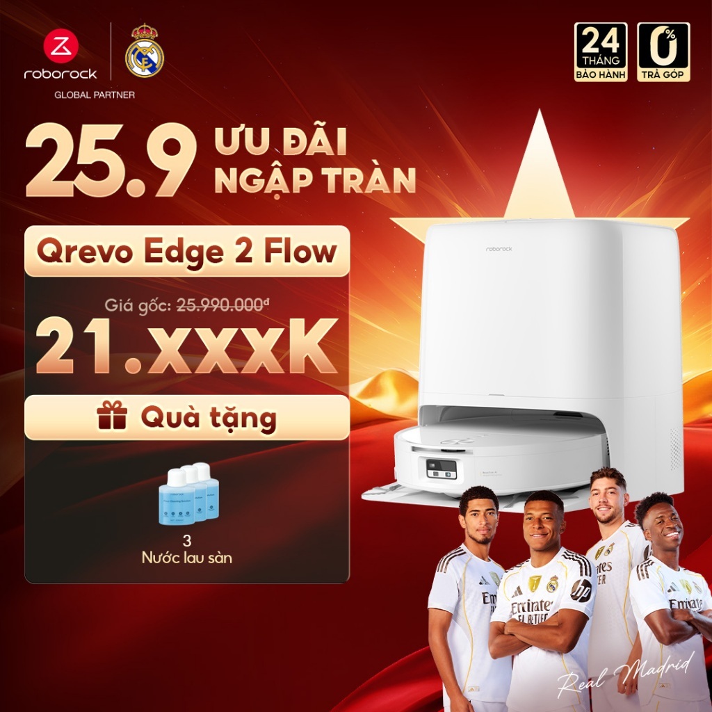 Roborock Qrevo Edge 2 Flow robot hút bụi lau nhà | Giặt sấy con lăn tự động | Lực hút 35000 Pa | Bảo hành 2 năm