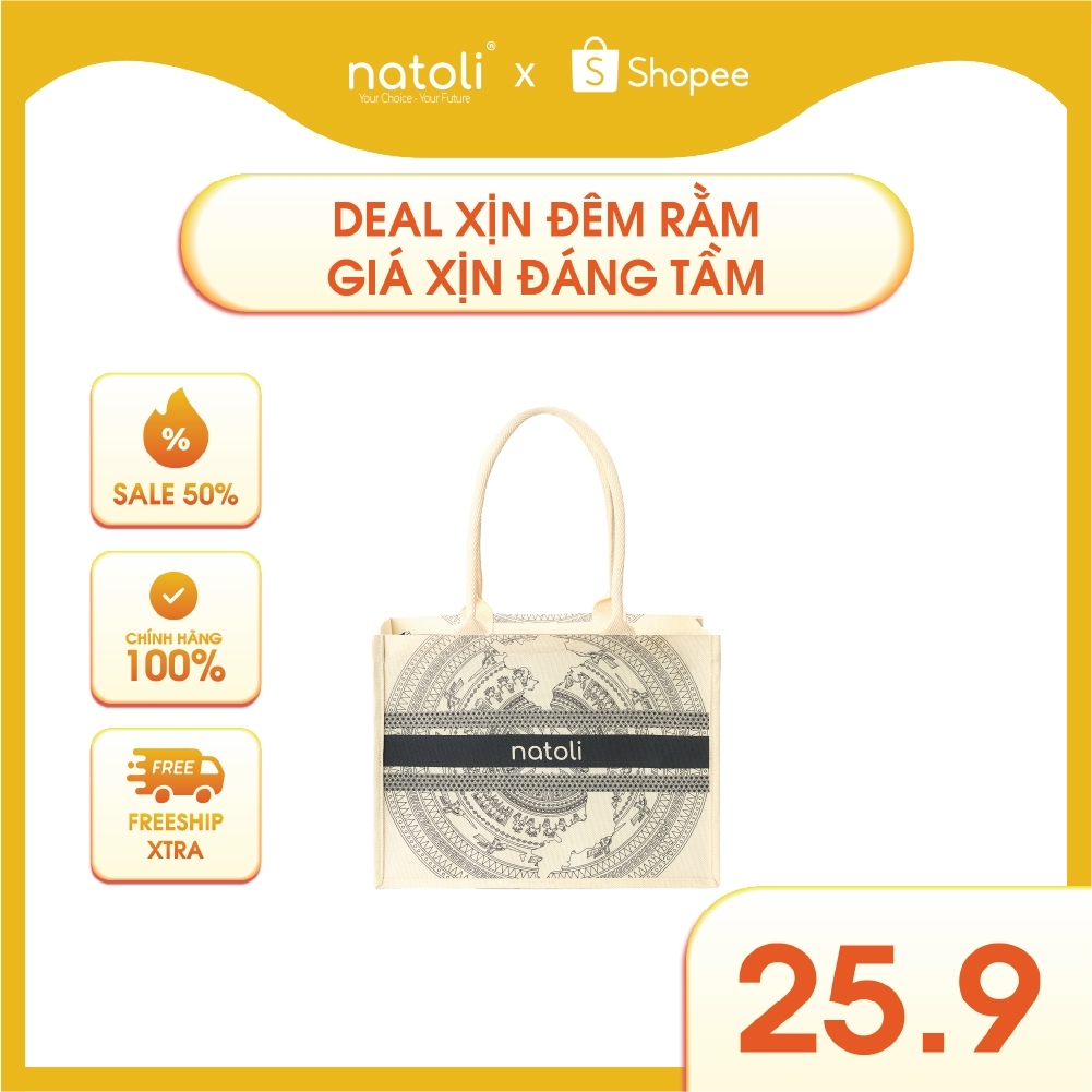 Túi cói vintage, túi đi biển NATOLI đi du lịch, đi chơi có khóa kéo đựng đồ tiện lợi BST Artisan Eco Jute Tote T36