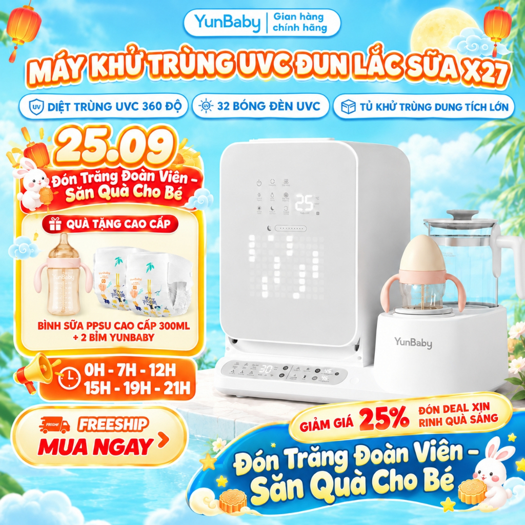 [BẢN TIẾNG VIỆT]  Máy tiệt trùng Yunbaby X27 đun nước Hâm Pha sữa Lắc sữa Tiệt trùng bình sữa Sấy khô Khử clo Plasma UVC