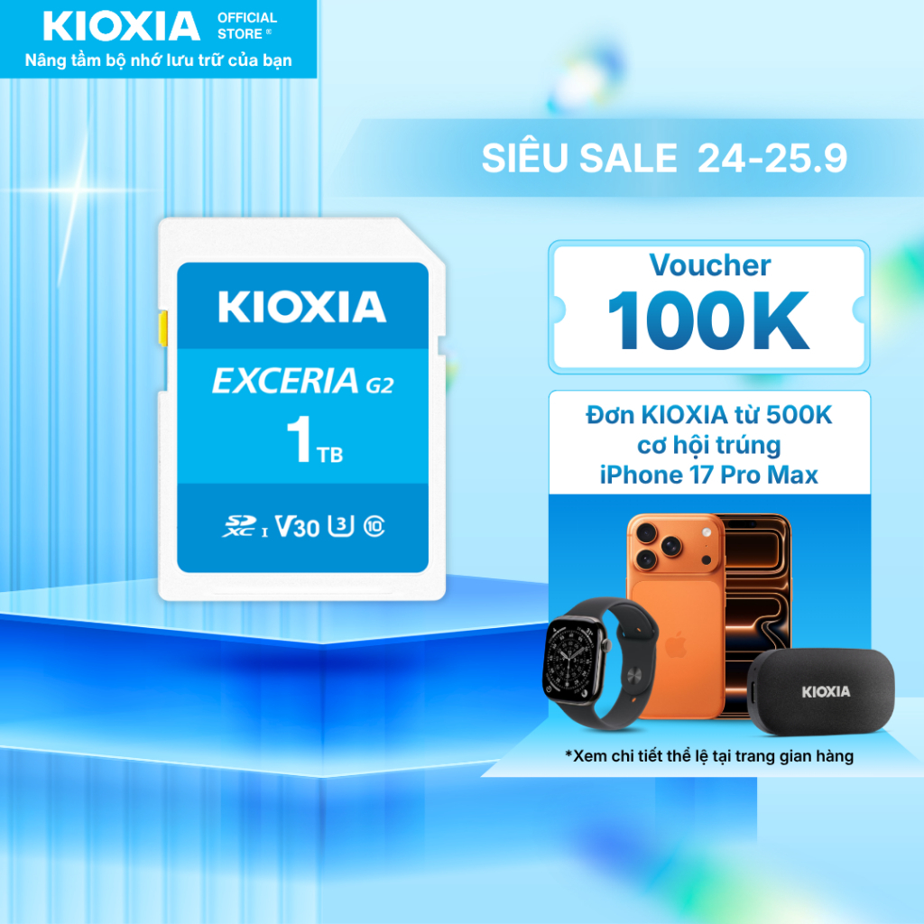 Thẻ nhớ SDXC KIOXIA EXCERIA 1TB C10 UHS-I U3 V30 A1 upto 100MB/s LNEX2L001TG4 - Bảo hành 5 năm