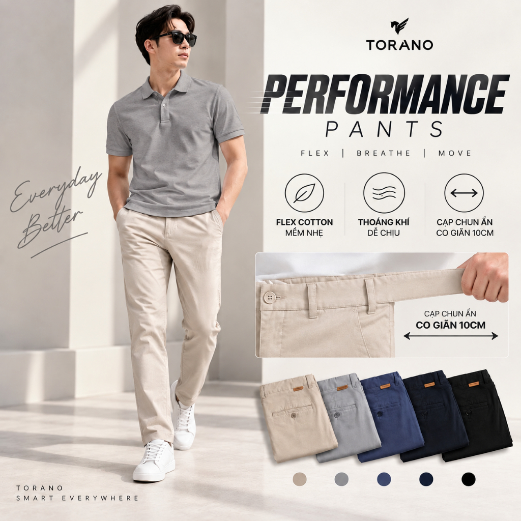 Quần Kaki Nam TORANO PERFORMANCE PANTS Form Slim Fit, Cạp Tender Co Giãn, Bền Màu, Dễ Phối Đồ FABK001