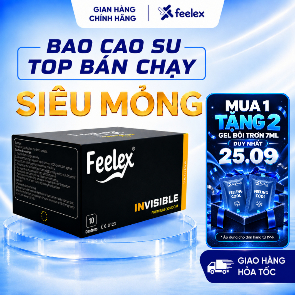 Bao cao su Feelex siêu mỏng, kéo dài thời gian, gân gai, nhiều gel bôi trơn - Hộp 10 bcs