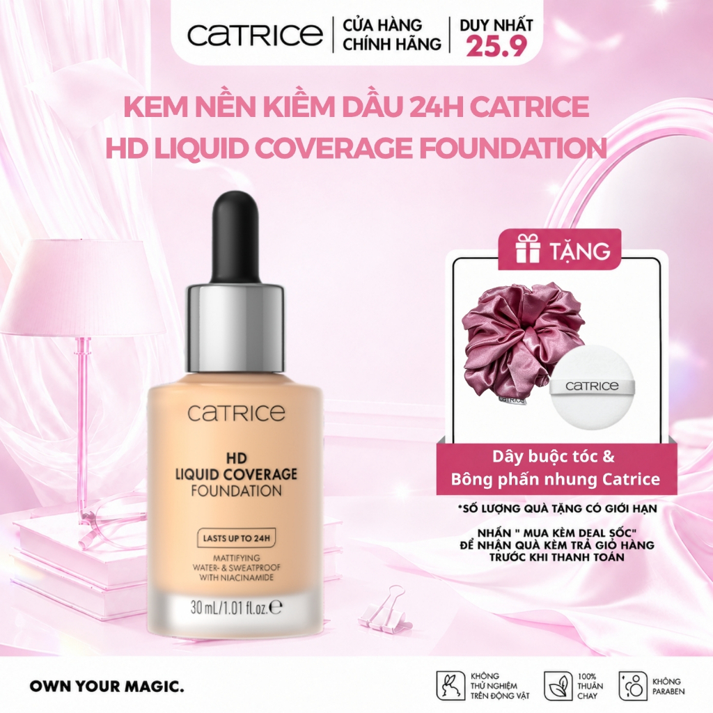 Kem nền Catrice HD Liquid Coverage Foundation kiềm dầu, che phủ tự nhiên tạo độ mịn màng cho da 30ml