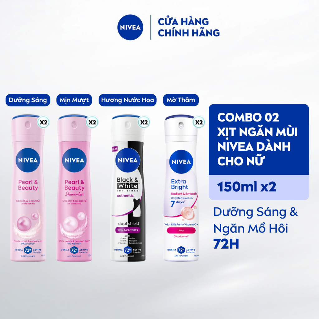 Combo 2 Xịt Khử Mùi NIVEA Dành Cho Nữ 150ml - Dưỡng Sáng/ Mờ Thâm/ Chống Ố Vàng Áo - Ngăn Mùi Đến 72H 82967/83731/91809