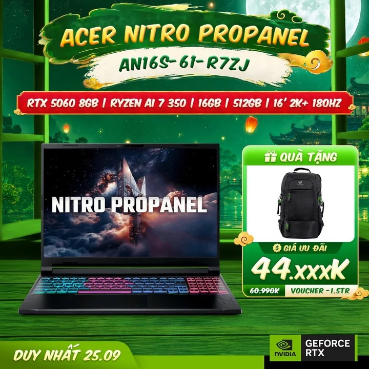 Laptop Gaming Acer Nitro ProPanel AN16S-61-R7ZJ (Ryzen AI 7 350 | GeForce RTX™ 5060 8GB | 16GB | 512GB | 16' 2K+ 180Hz |