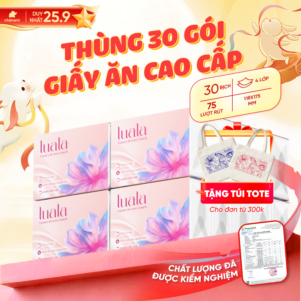 Thùng 30 gói khăn giấy ăn cao cấp LUALA 4 lớp, giấy ăn rút mềm mại siêu dai không chất tẩy trắng