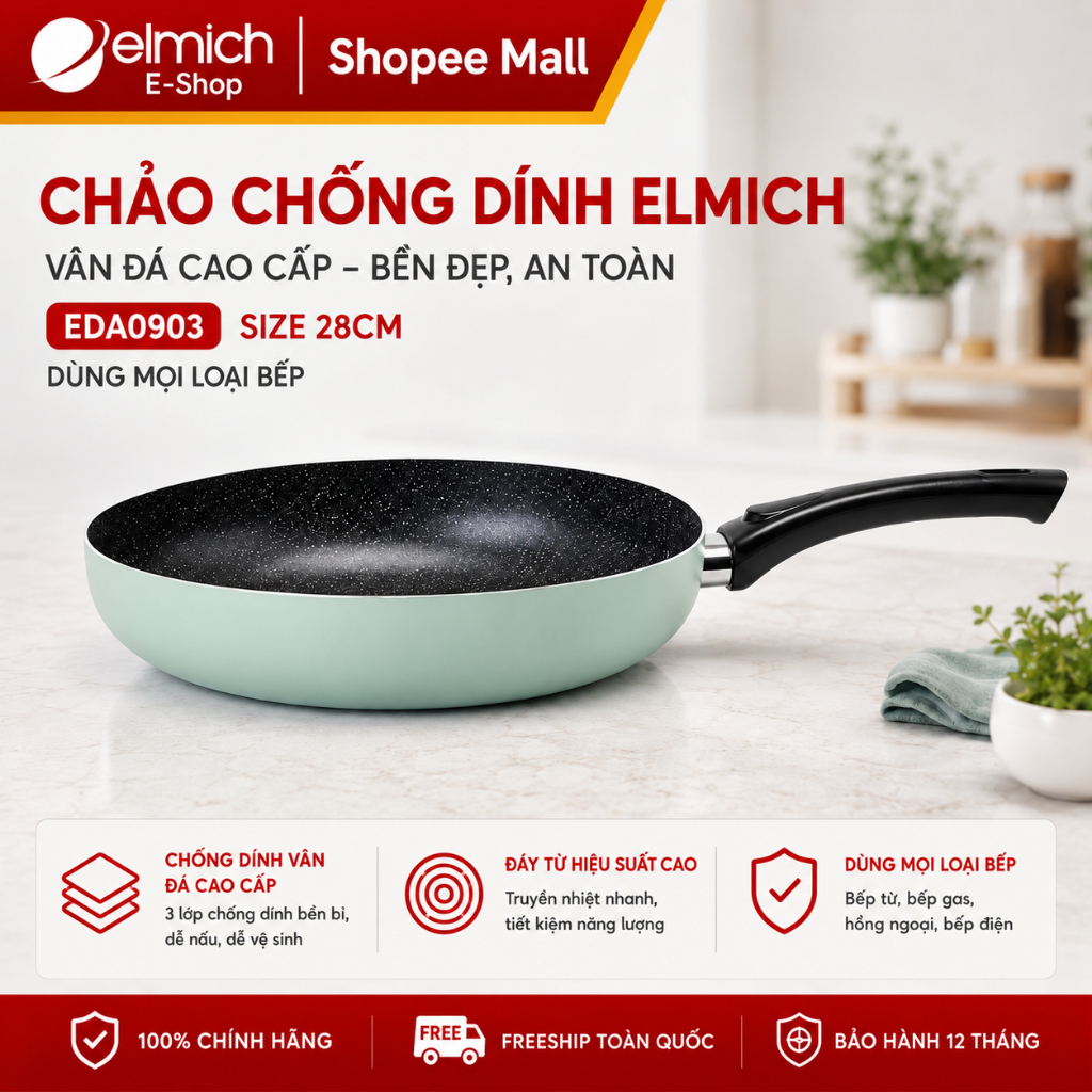 Chảo chống dính Elmich EDA0903 size 28cm đáy từ chống dính vân đá hợp kim nhôm dùng mọi loại bếp