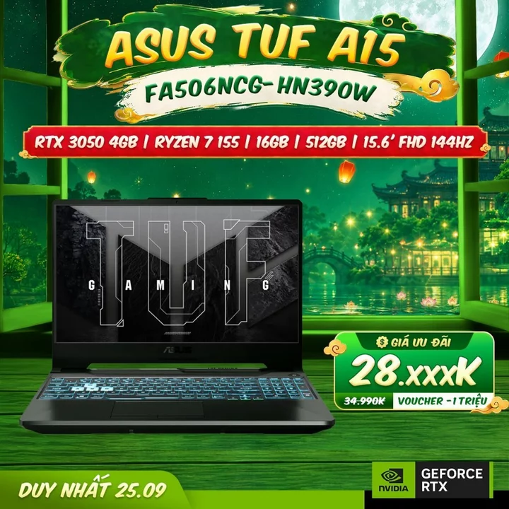 Laptop ASUS TUF Gaming A15 FA506NCG-HN390W (Ryzen 7 155 | RTX™ 3050 4GB | 16GB | 512GB | 15.6' FHD 144Hz | Win 11)