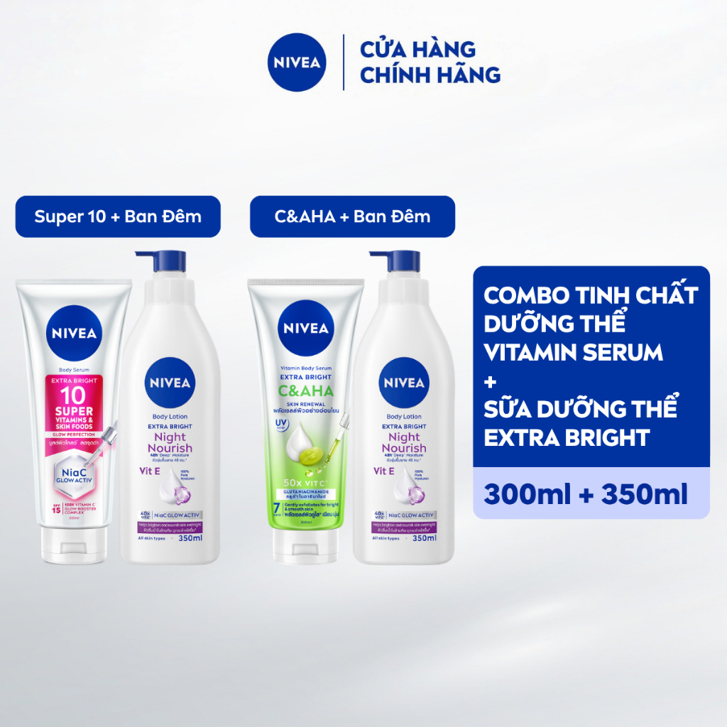 Combo Dưỡng Sáng Da NIVEA Vitamin Serum 300ml & Sữa Dưỡng Thể Extra Bright 350ml