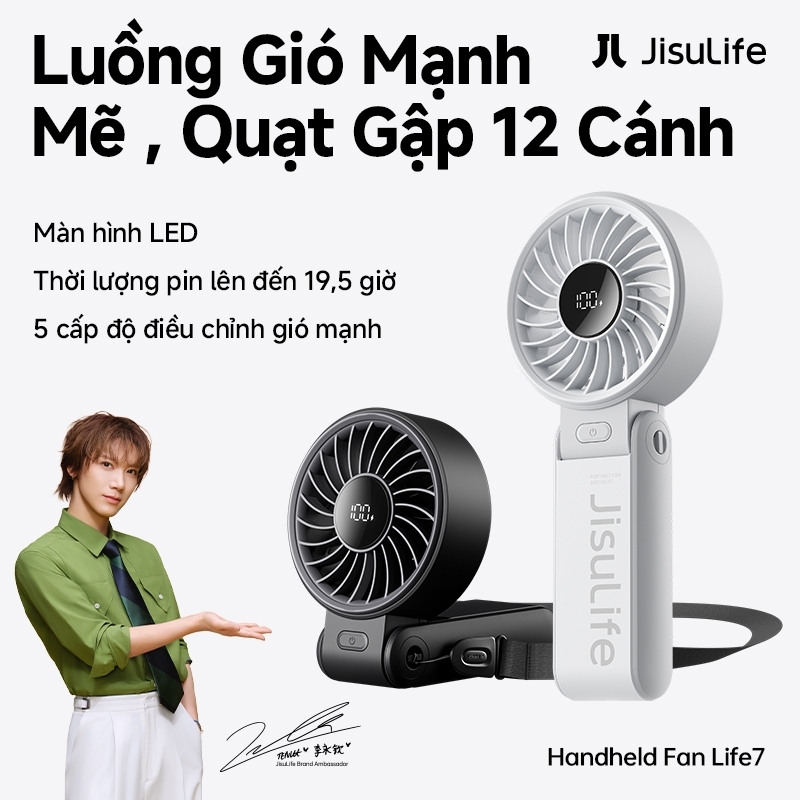 Quạt cầm tay JisuLife 7 Mini gấp gọn dễ mang gió mạnh quạt đeo cổ quạt bàn êm cho học sinh văn phòng ngoài trời