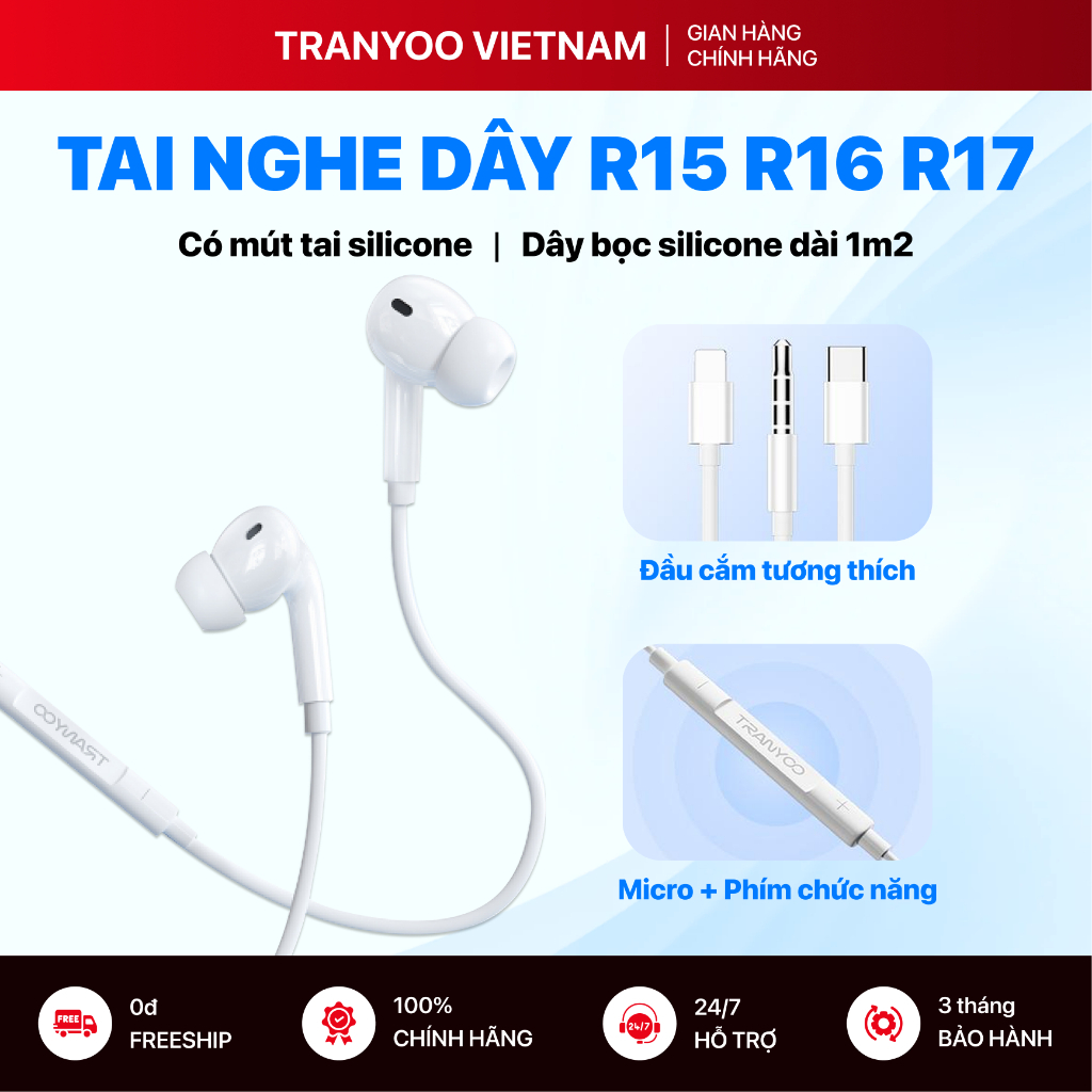 Tai Nghe Có Dây TRANYOO T-R15 R16 R17 Thiết Kế Nhét Tai Mút Silicon Gaming Học Online 3 Kiểu Chui