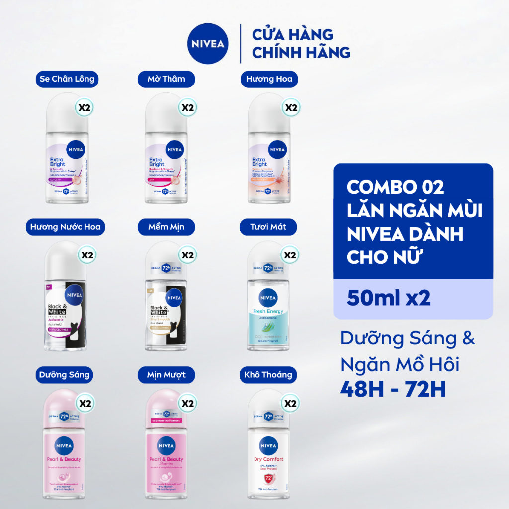 Combo 2 Khử Mùi NIVEA Dành Cho Nữ 50ml - Dưỡng Sáng/ Mờ Thâm/ Chống Ố Vàng Áo - Ngăn Mùi Đến 72H 81644/83747/83735/91816