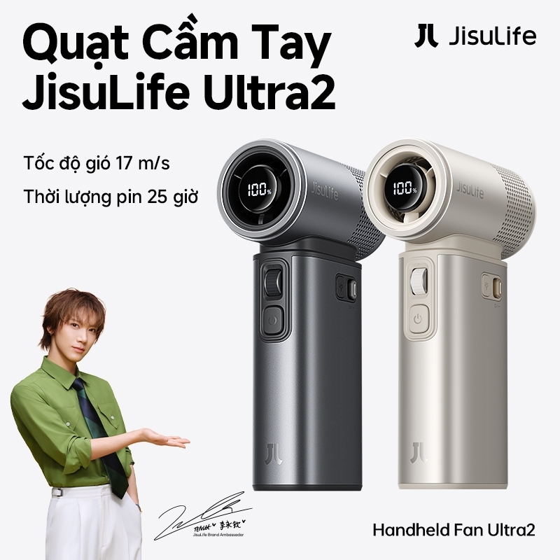 Quạt cầm tay JisuLife Ultra2 đa năng, pin 9000mAh bền, 100 cấp gió mạnh, đèn pin, sạc dự phòng, cắm trại ngoài trời