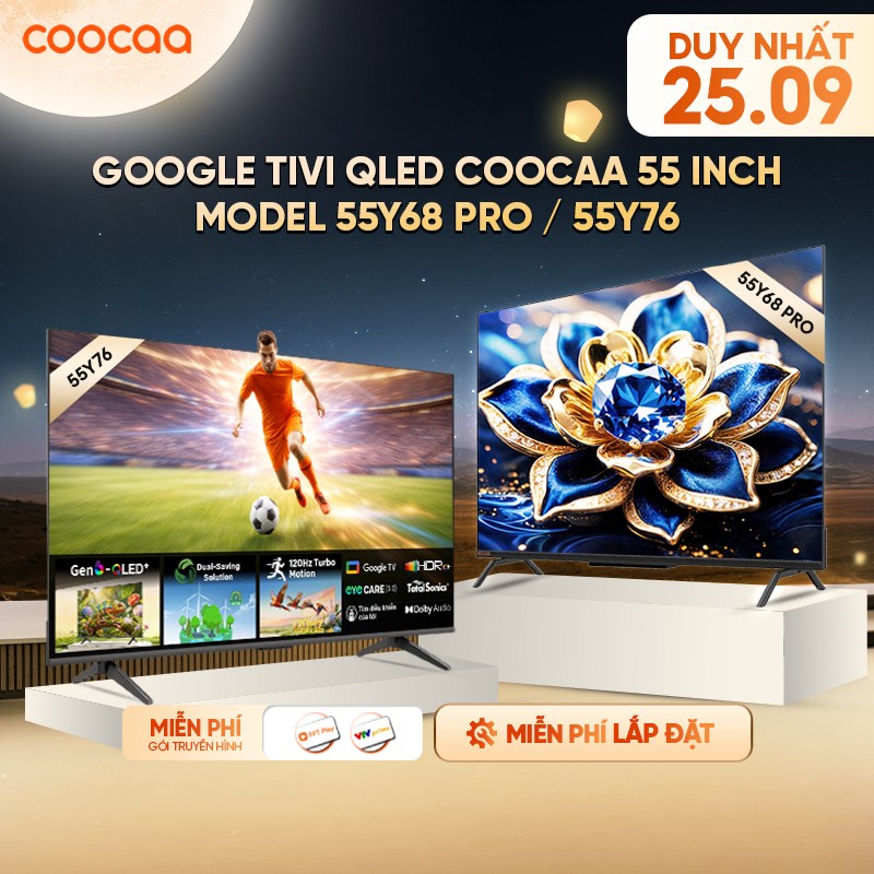[Miễn phí lắp đặt HN-HCM] Google Tivi QLED Coocaa 55 inch - Model 55Y68 Pro / 55Y76