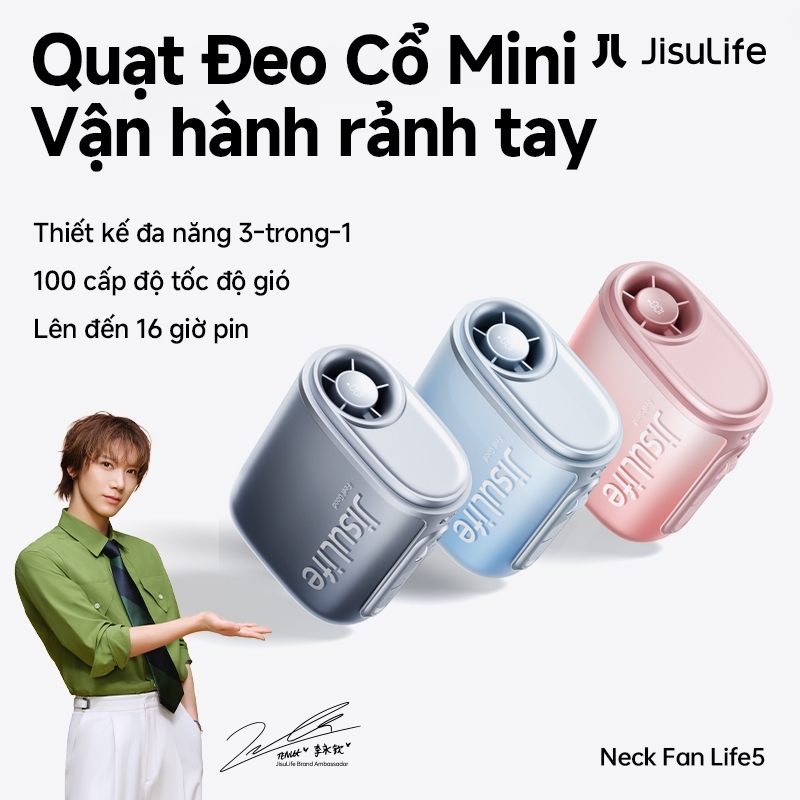 Quạt đeo cổ JisuLife 5, 100 nấc gió siêu mạnh, quạt cầm tay, màn hình LED, quạt thể thao, quạt đeo thắt lưng, thời trang