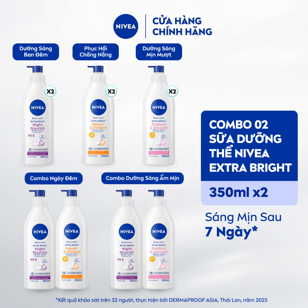 Bộ 2 Sữa Dưỡng Thể NIVEA Extra Bright Dưỡng Da Sáng Mịn Sau 7 Ngày 350ml -  88311x2/98413x2/98412x2
