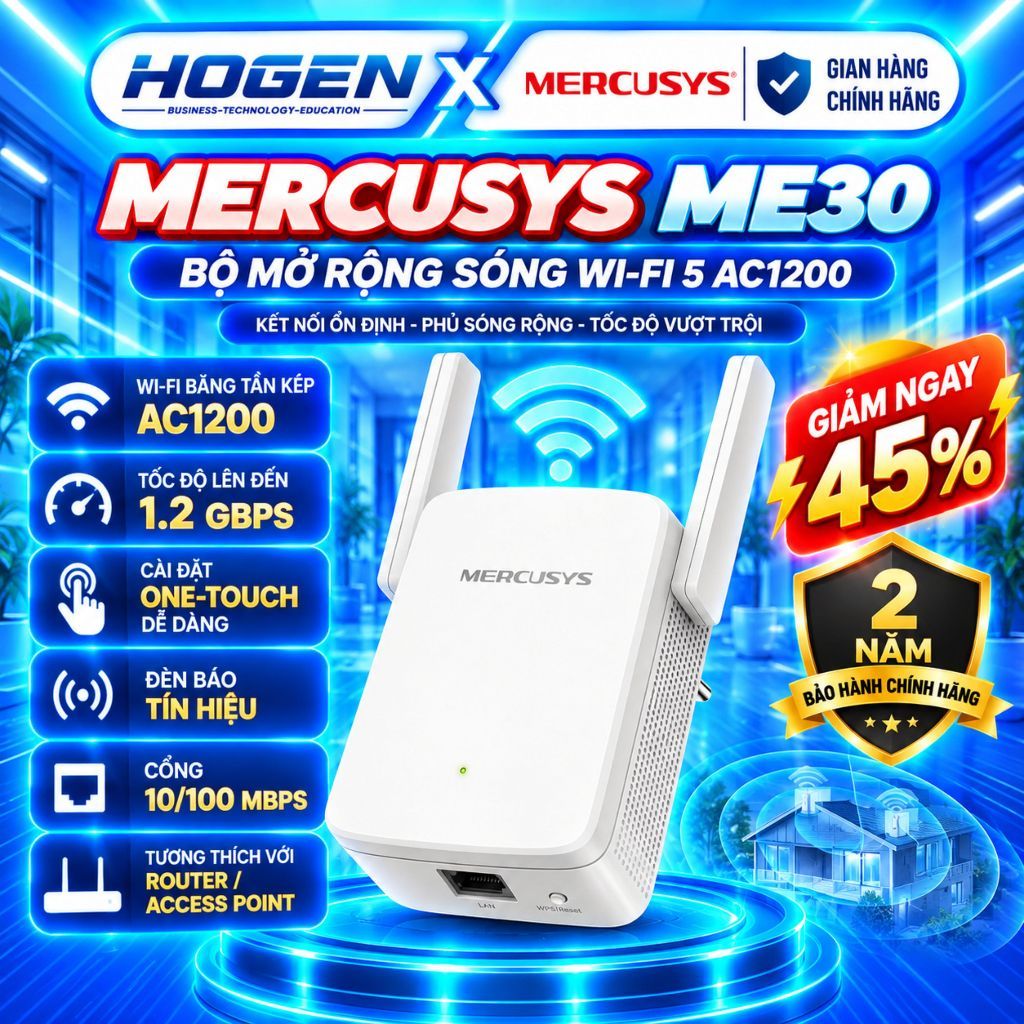 [Mercusys] Bộ Mở Rộng Sóng Wifi ME30 Chuẩn AC 1200Mbps -Tốc Độ Nhanh + Mượt, Cài Đặt 1 Chạm, BH 24TH