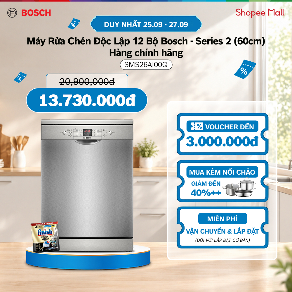 [ĐỘC QUYỀN ONLINE - VOUCHER SHOPEE LÊN TỚI 3TR] | Máy Rửa Chén Độc Lập 12 Bộ Bosch SMS26AI00Q_1 - Series 2