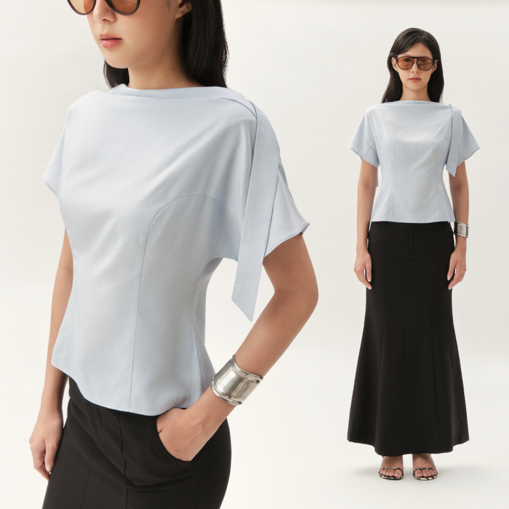 Áo cổ đổ phối dây nơ vắt vai dáng tay liền chiết eo, khóa kéo sau THEKAT.SHOP chất vải mềm mịn, rủ nhẹ và thoáng mát